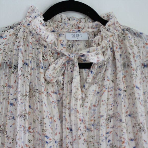 RESET White Multicolored Floral Long Sleeve Neck-Tie Wrap Blouse Size Small - Picture 3 of 8